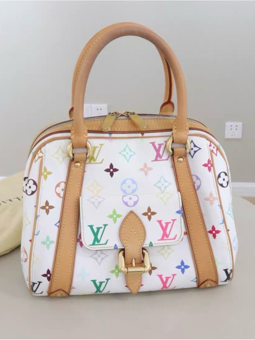 Louis Vuitton Multicolor Monogram White Canvas Satchel with Tan Leather Trim